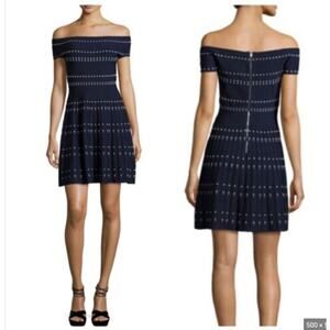 PARKER Tricia Off-the-Shoulder Knit Fit & Flare Dress, Navy Aquarius Size Medium